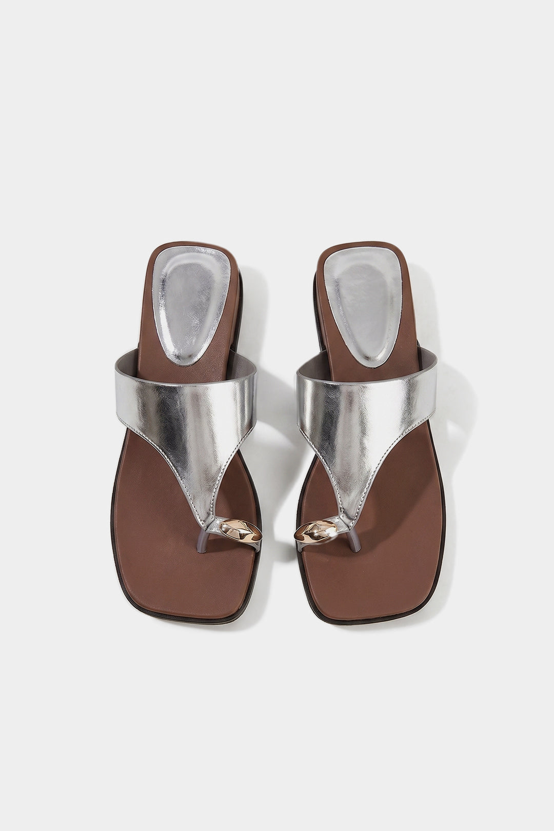 "Contrast Leather Metallic Square Toe Sandals"