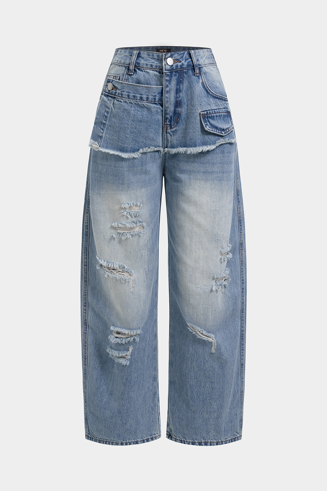 "Denim Asymmetrical Frayed Ripped Wide Leg Jeans"