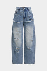 "Denim Asymmetrical Frayed Ripped Wide Leg Jeans"