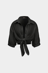 "Chiffon Button Tie-Up Short-Sleeve Shirt"