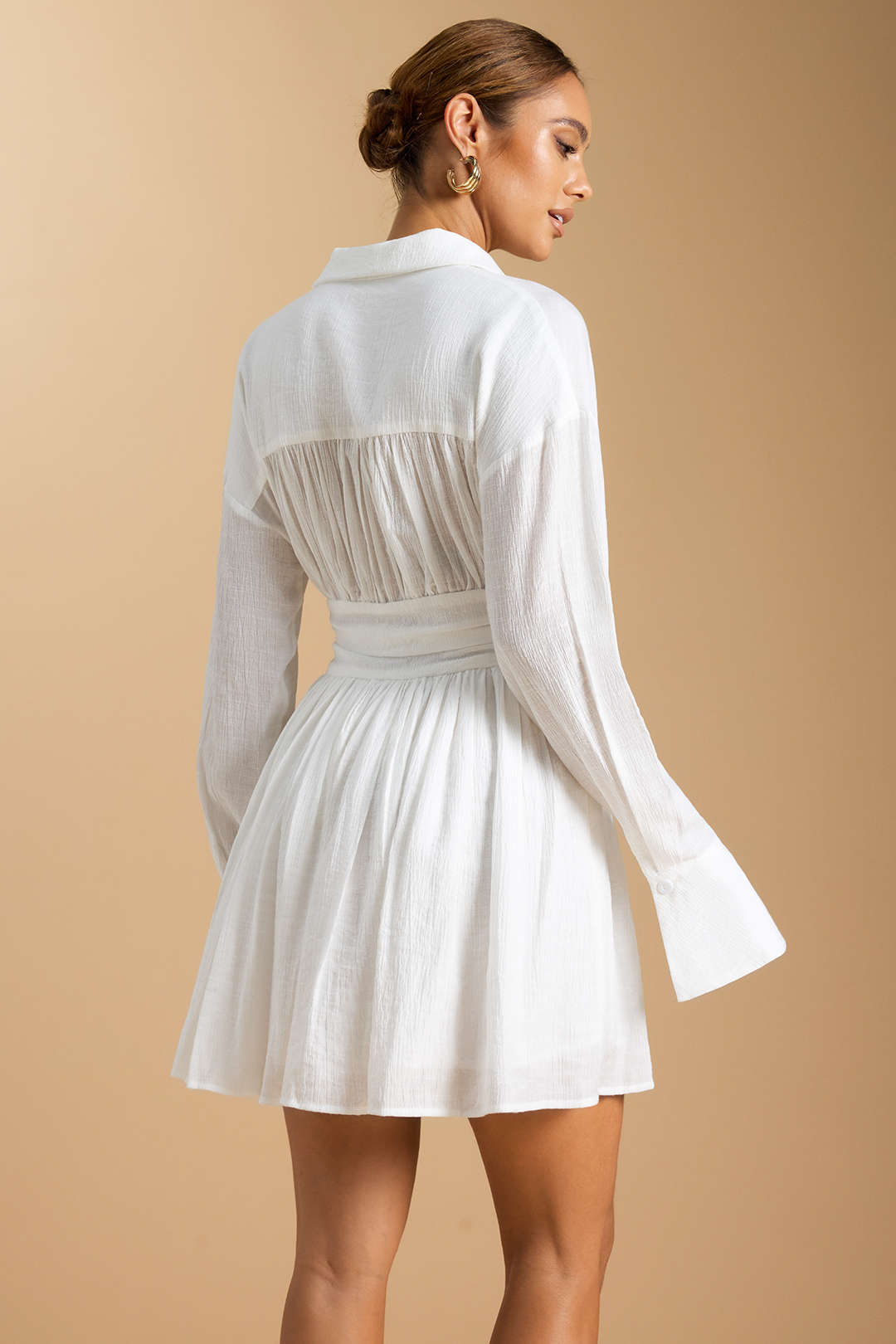 "Button Ruched Long Sleeve Mini Dress"