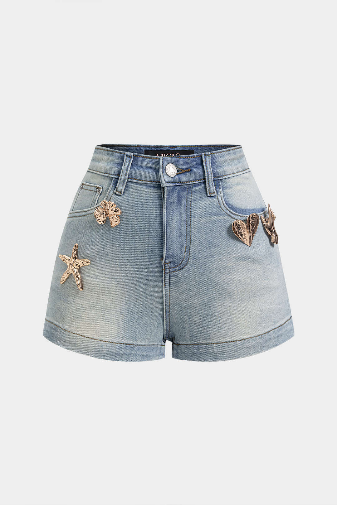 "Denim Irregular Metallic Button Pocket Shorts"
