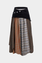 "Color Block Plaid Print Denim Patchwork Asymmetrical Skirt"