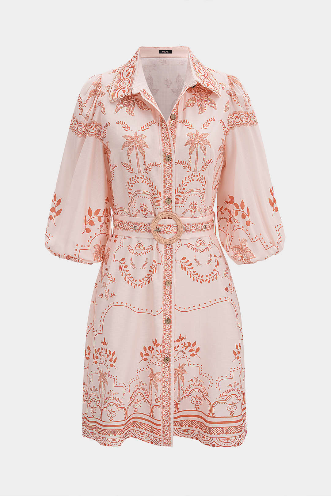 "Coconut Palm Print Lapel Belted Midi Dress"