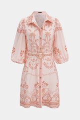 "Coconut Palm Print Lapel Belted Midi Dress"