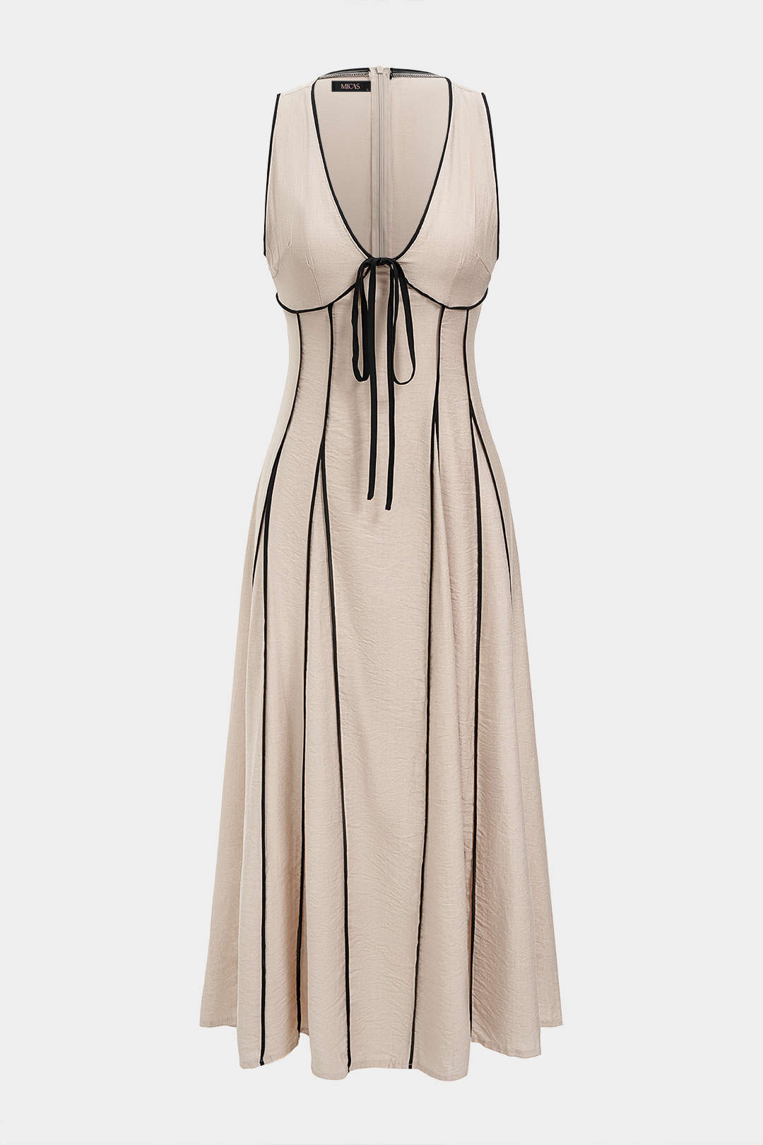 "Contrast Binding V-Neck Tie-Up Sleeveless Maxi Dress"