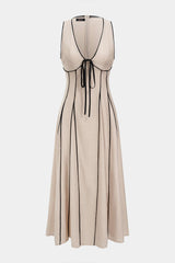 "Contrast Binding V-Neck Tie-Up Sleeveless Maxi Dress"