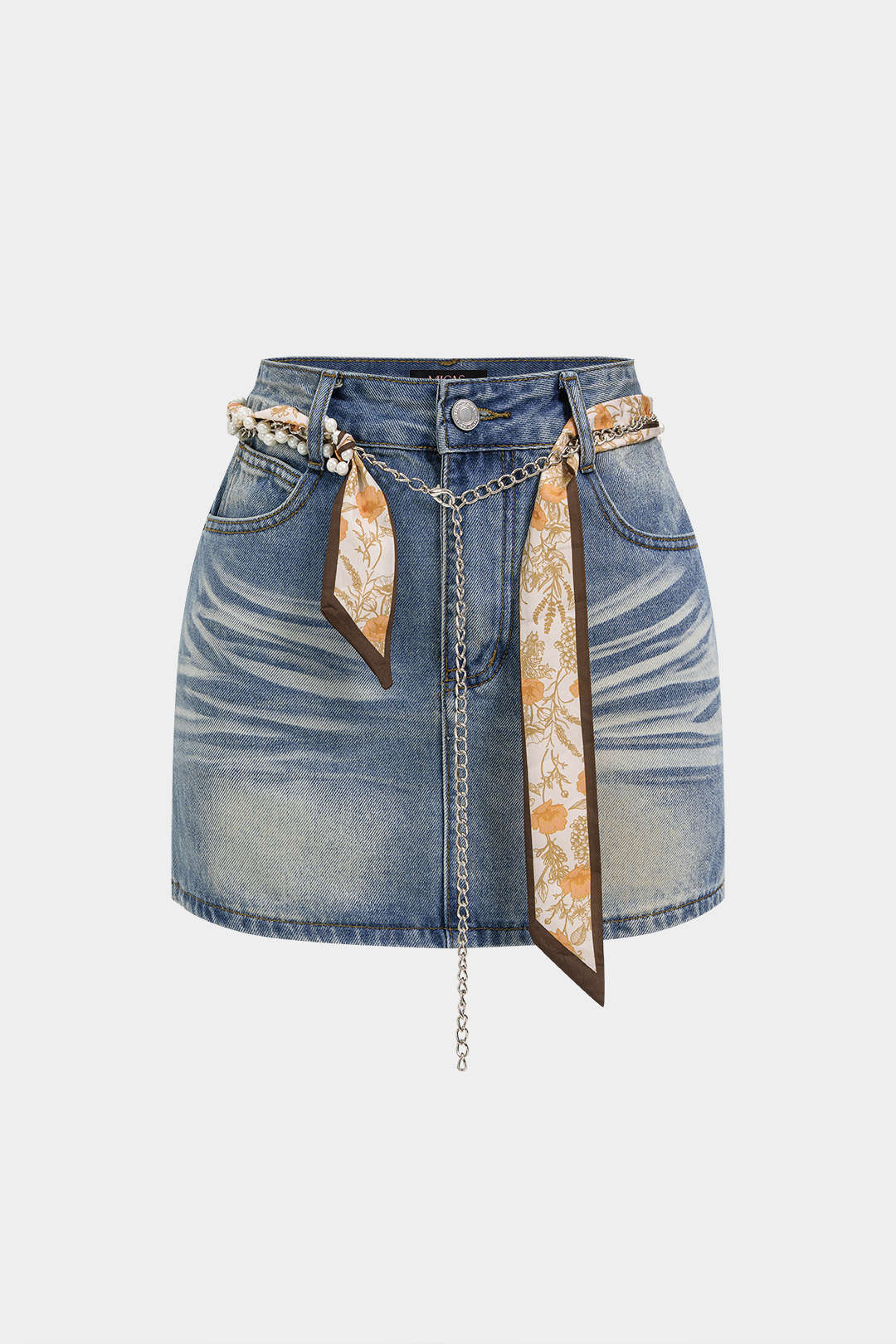 "Denim Chain Belted High Waist Skirt"