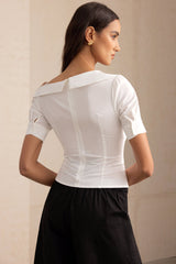 "Asymmetric Print Cut Out Asymmetrical Ruched Short-Sleeve Shirt"