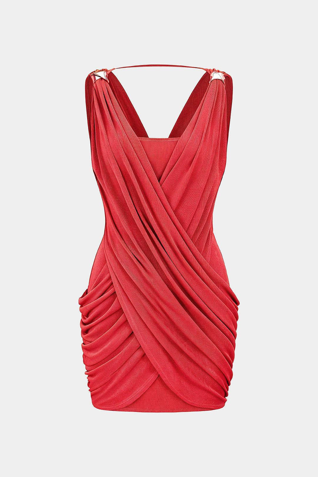 "Crossed V-Neck Ruched Metallic Decor Sleeveless Mini Dress"