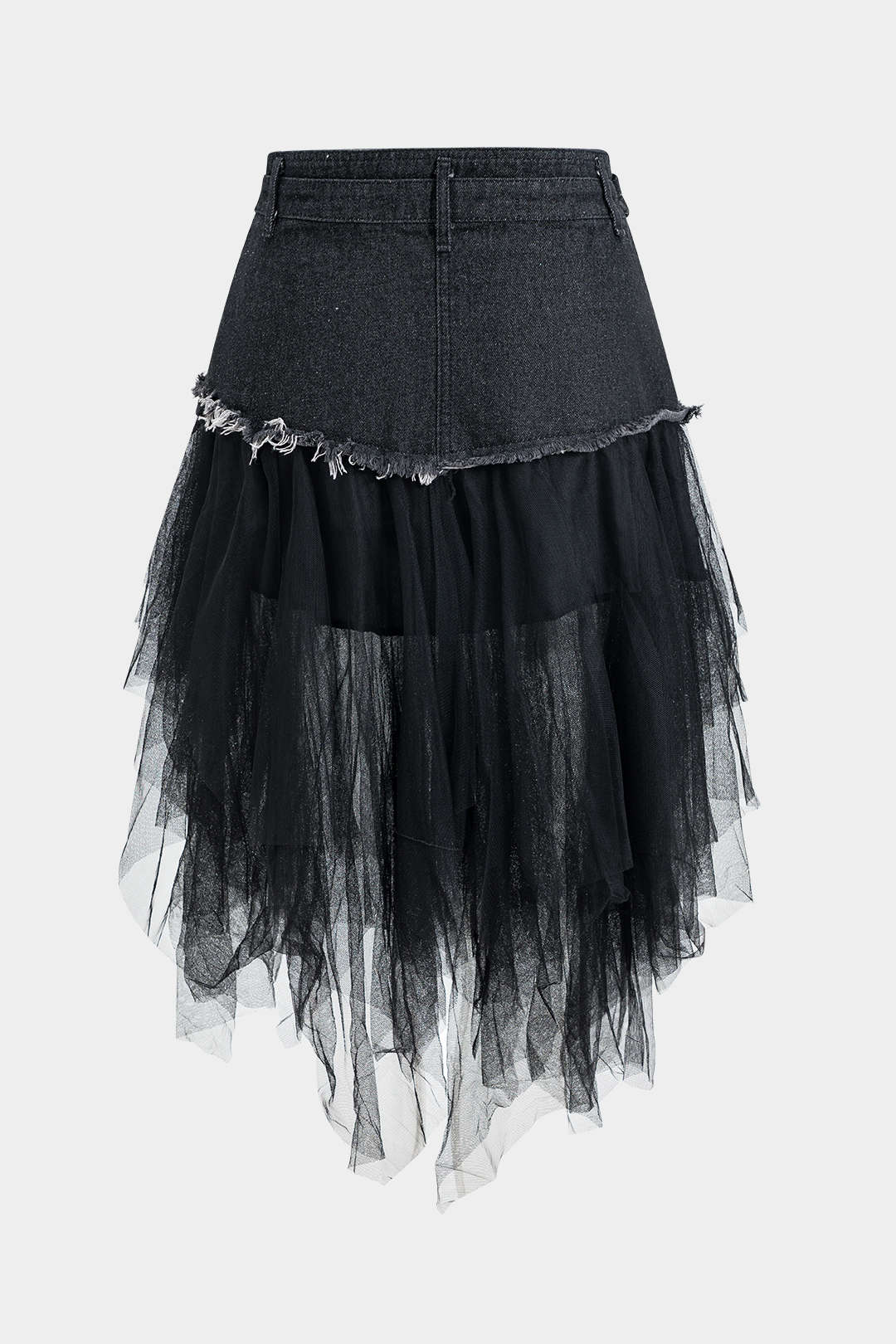 "Denim Mesh Patchwork Belted Button Pocket Skirt"