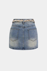 "Denim Chain Belted High Waist Skirt"