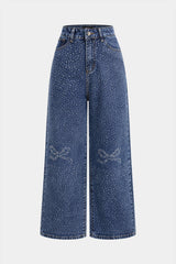 "Denim Bow Rhinestone Straight Leg Jeans"