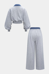 "Contrast Patchwork Long-Sleeve Top And Shirred Waistband Drawstring Trousers Set"