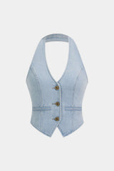 "Denim Halter Neck Metallic Vest"