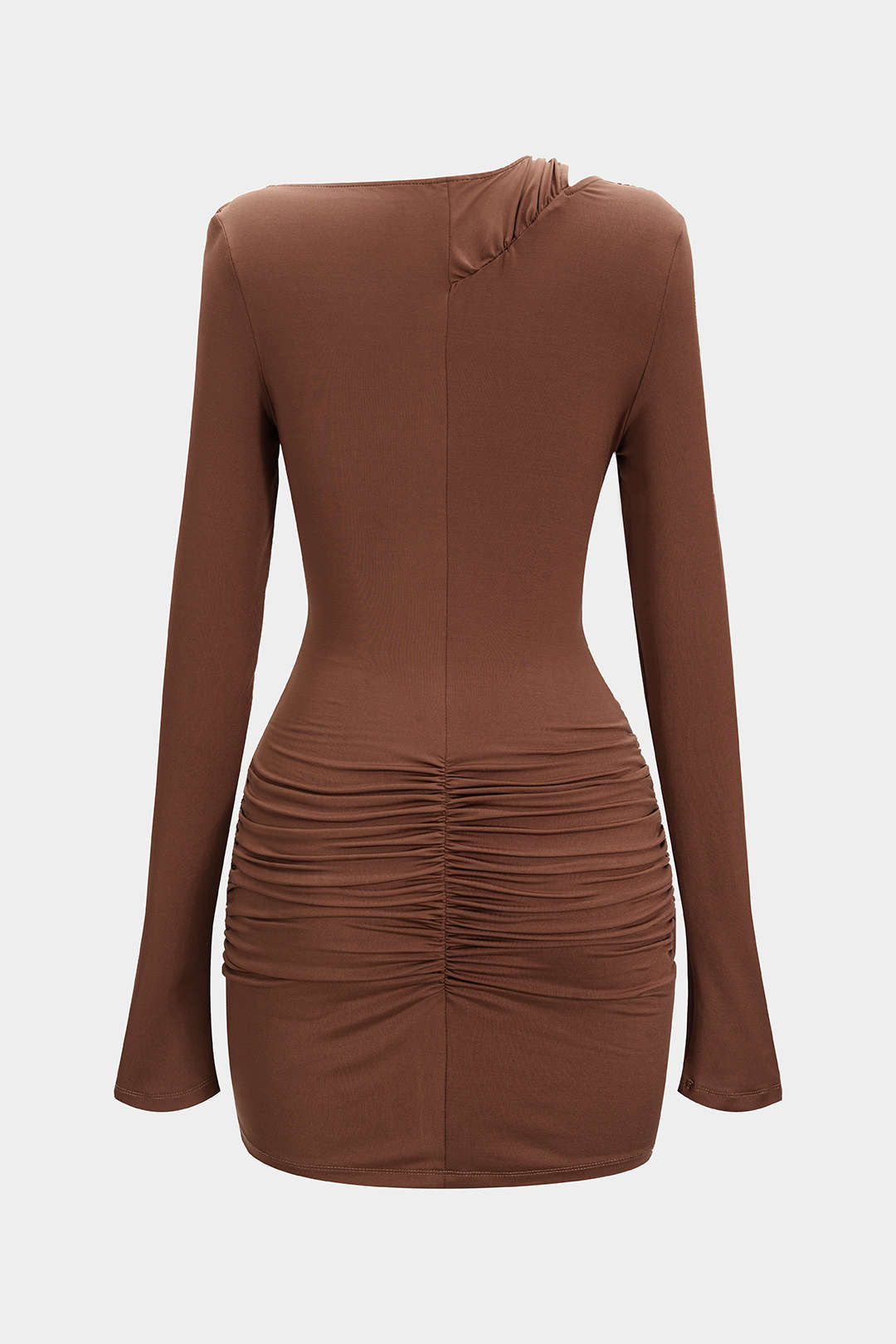 "Asymmetrical Neck Ruched Long Sleeve Mini Dress"