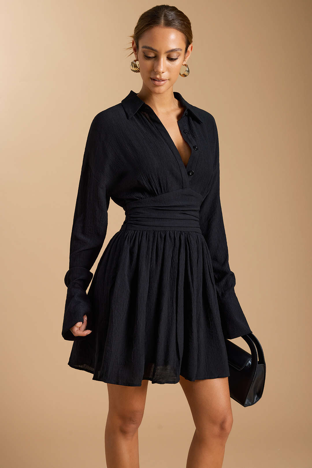 "Button Ruched Long Sleeve Mini Dress"