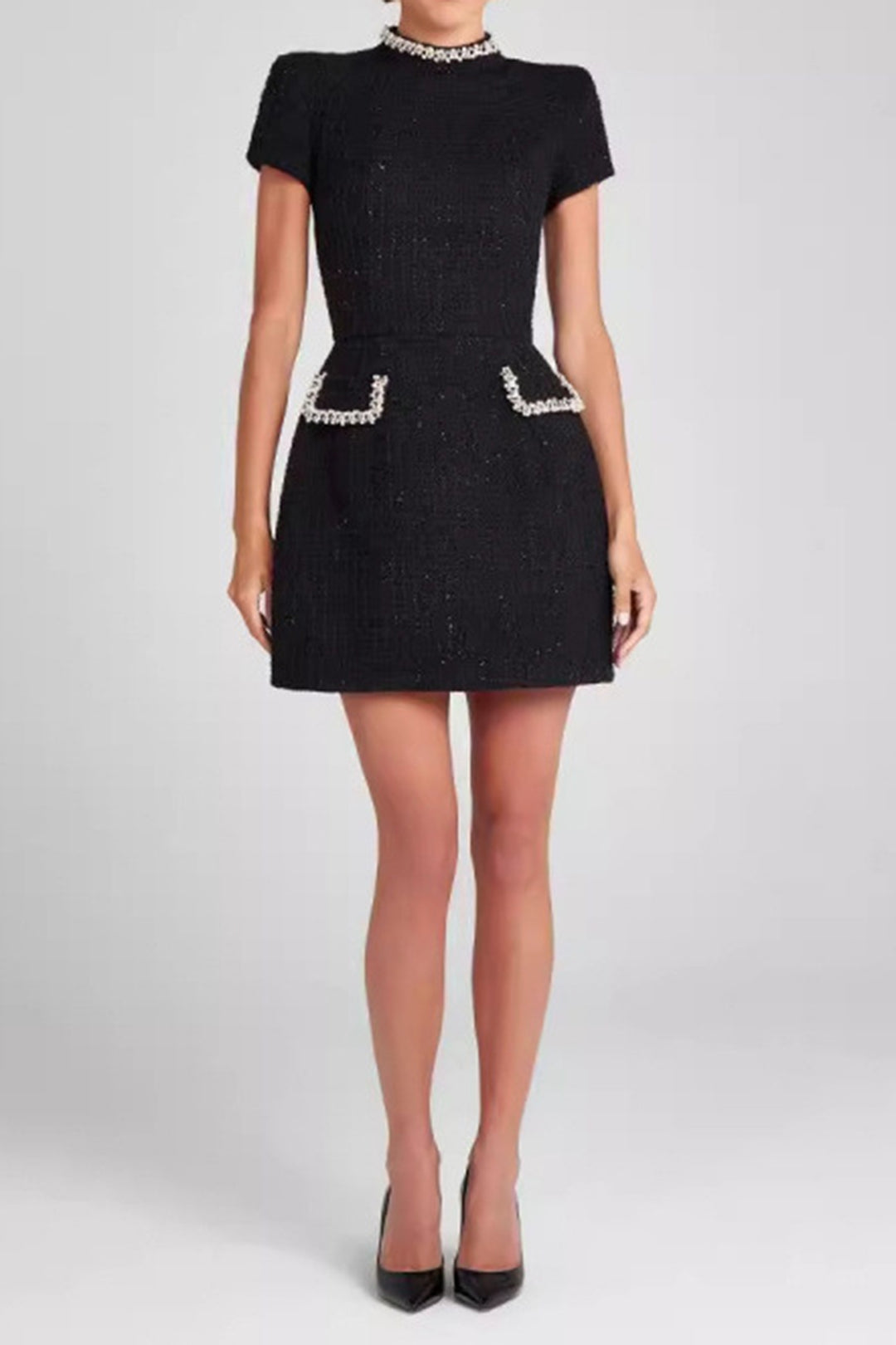 "Bead Fake Pocket Zippper Short Sleeve Mini Dress"