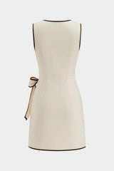 "Contrast Binding Linen Asymmetrical Bow V-Neck Sleeveless Mini Dress"
