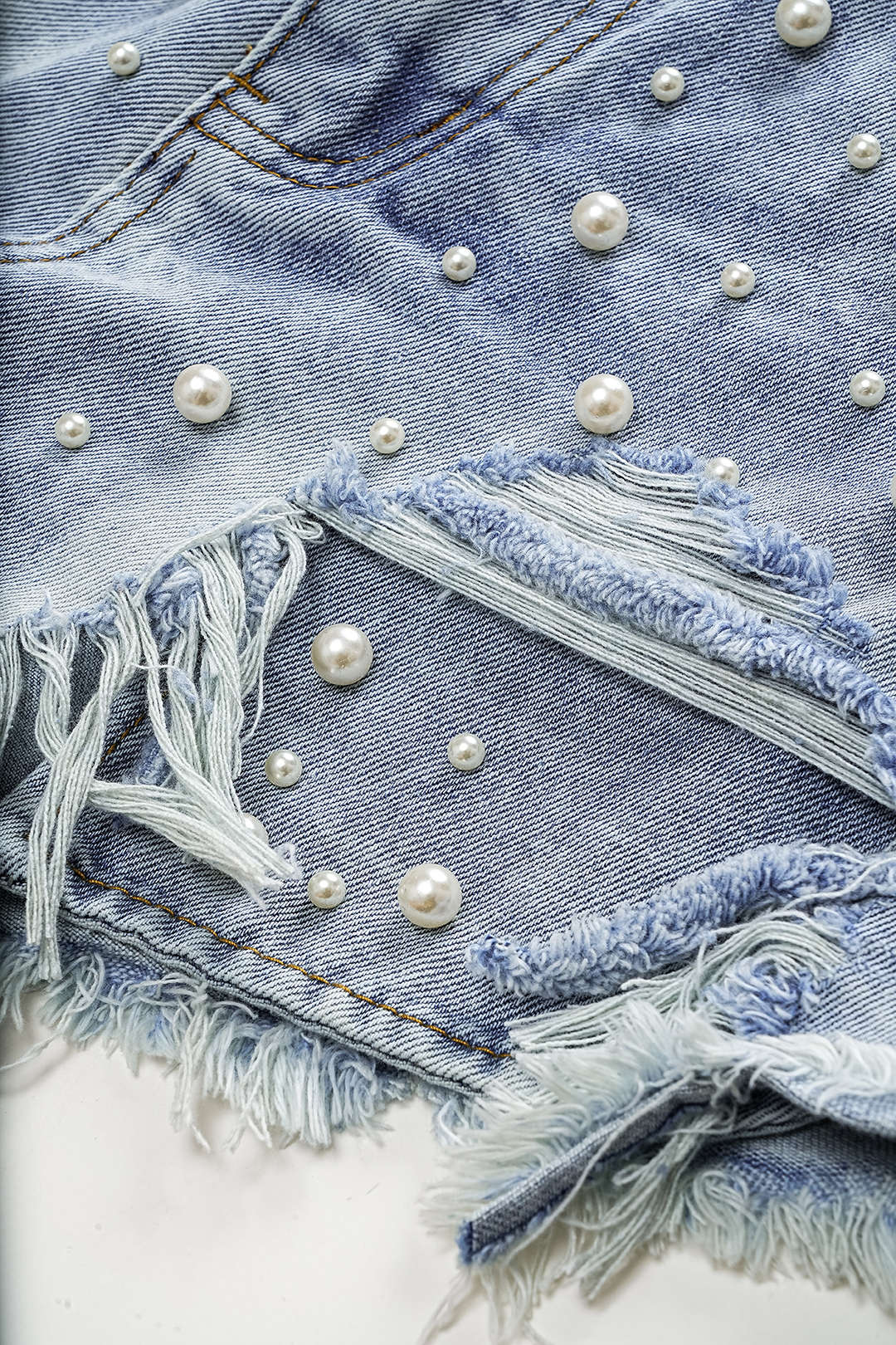 "Denim High Waist Beaded Shorts"