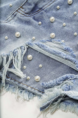 "Denim High Waist Beaded Shorts"