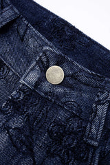 "Denim Floral Print Zipper Barrel Jeans"