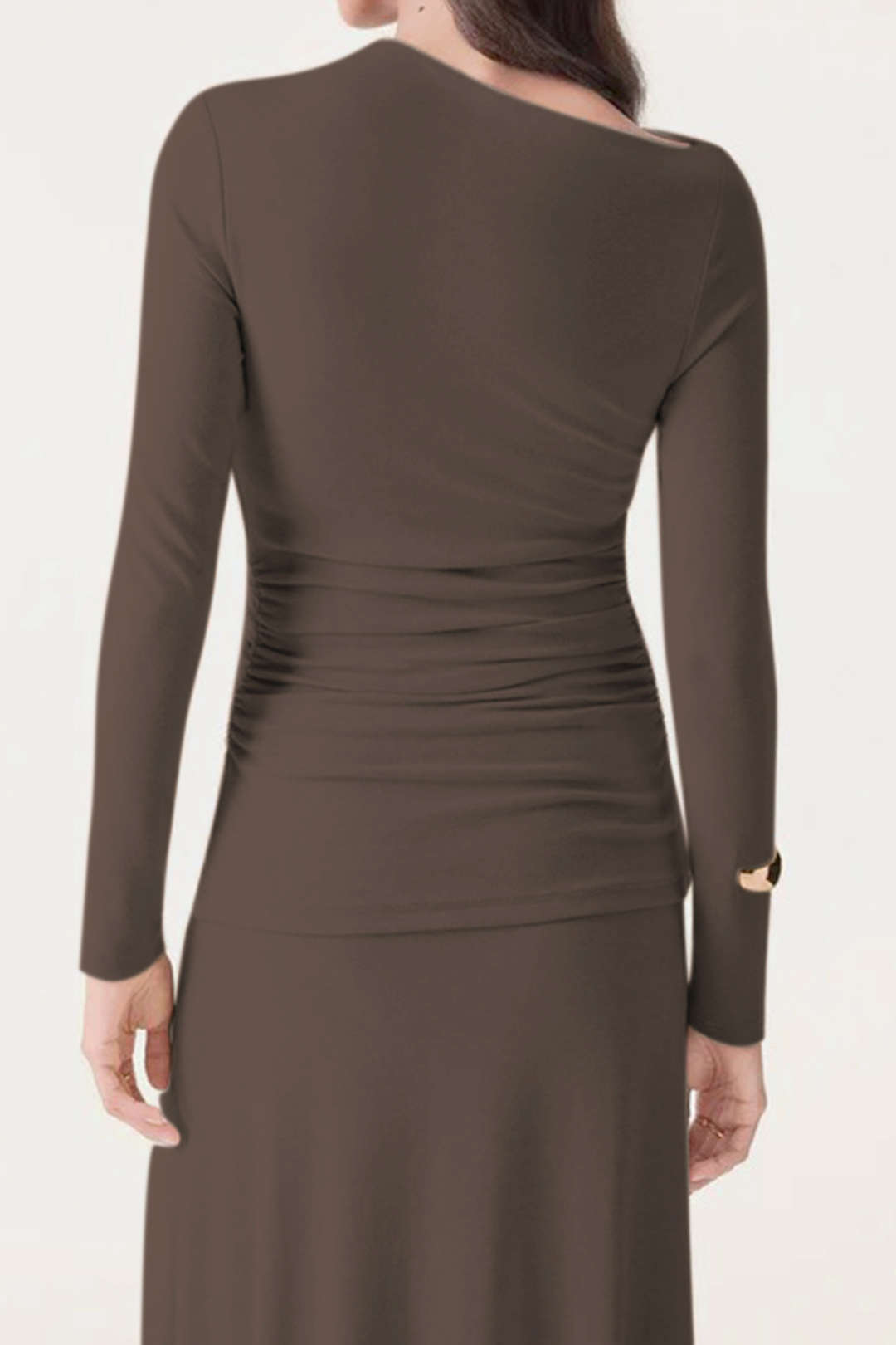 "Asymmetrical Neck Long-Sleeve Top And Stitching Detail Skirt Set"