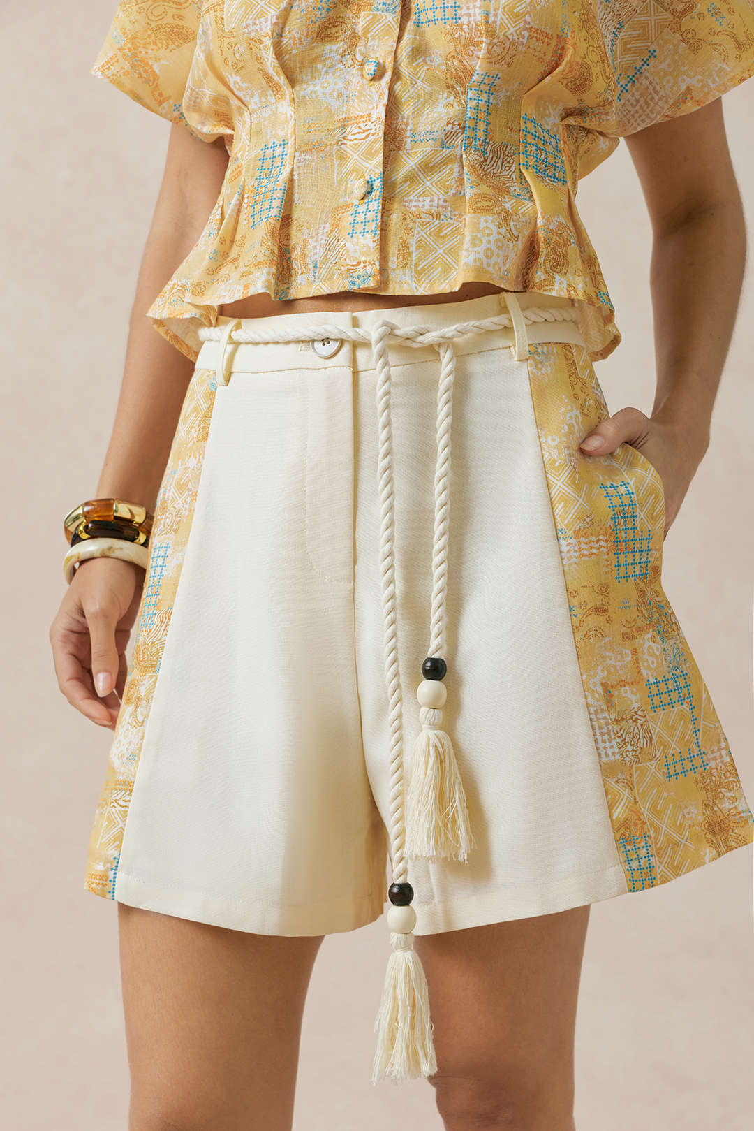 "Contrast Print Linen Wide Leg Shorts"
