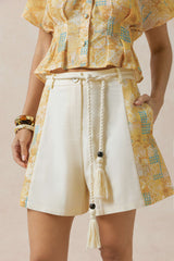 "Contrast Print Linen Wide Leg Shorts"