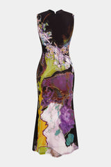 "Contrast Floral Print Mesh Patchwork Sleeveless Midi Dress"