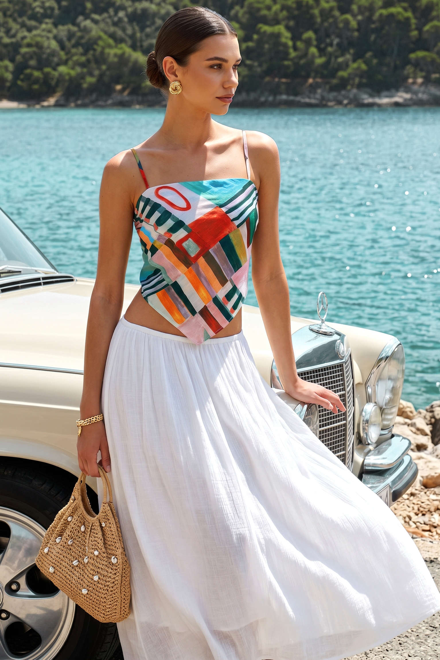 "Abstract Geometric Print Knotted Cami Top"