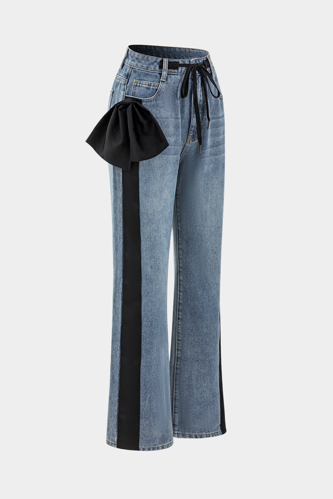 "Bow Tie Patchwork Pocket Straight Leg Jeans"