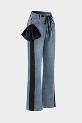 "Bow Tie Patchwork Pocket Straight Leg Jeans"