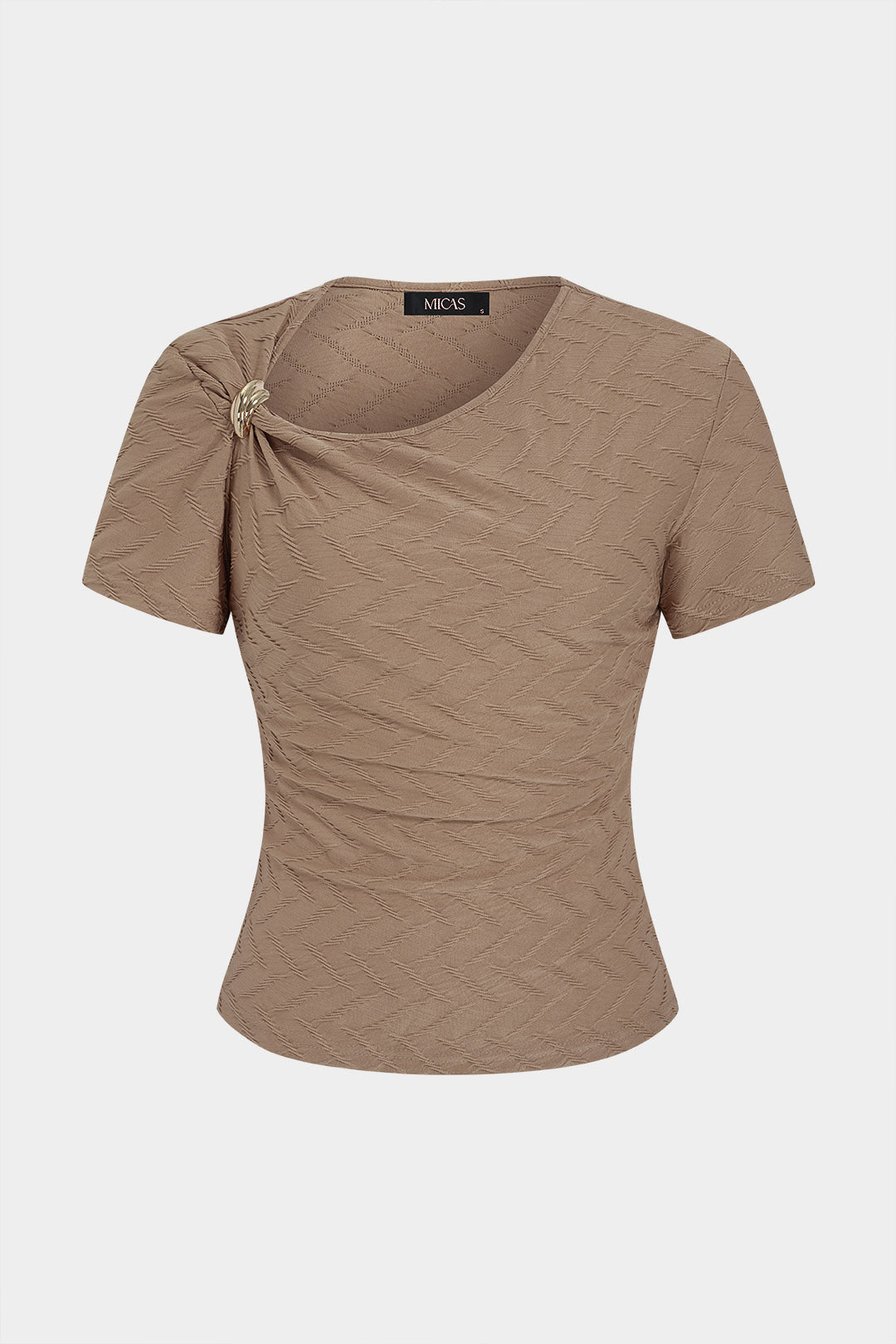 "Asymmetrical Metallic Ruched Short Sleeve T-Shirt"