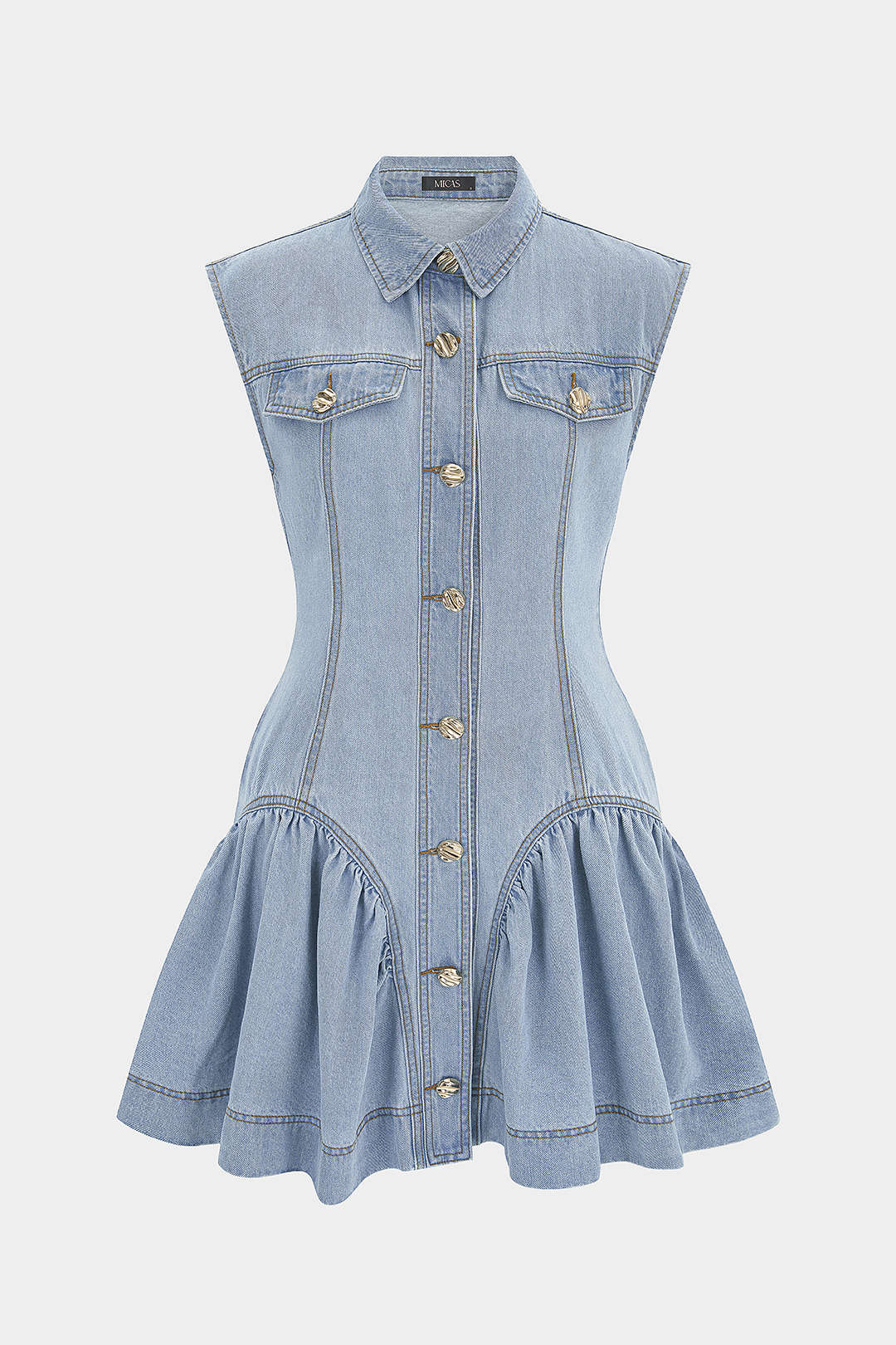 "Denim Lapel Button Ruffle Sleeveless Mini Dress"