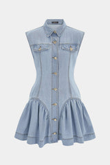 "Denim Lapel Button Ruffle Sleeveless Mini Dress"