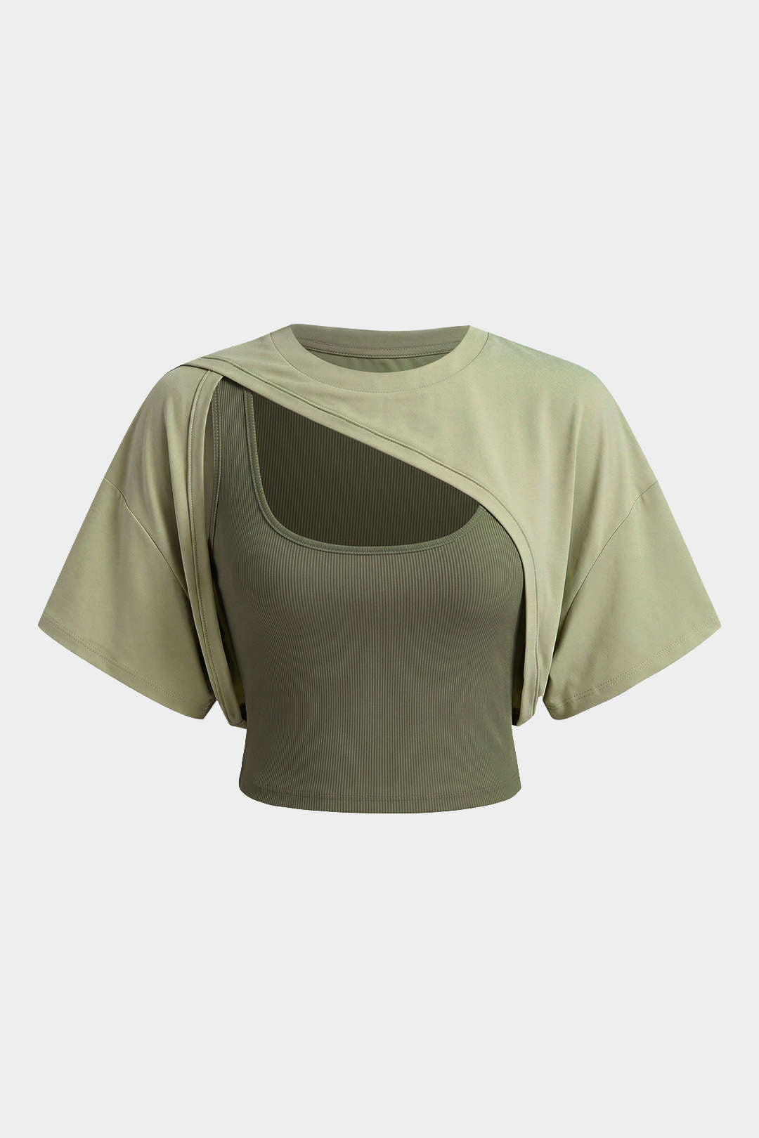 "Contrast Asymmetrical Round Neck Two-Piece Short Sleeve Top"