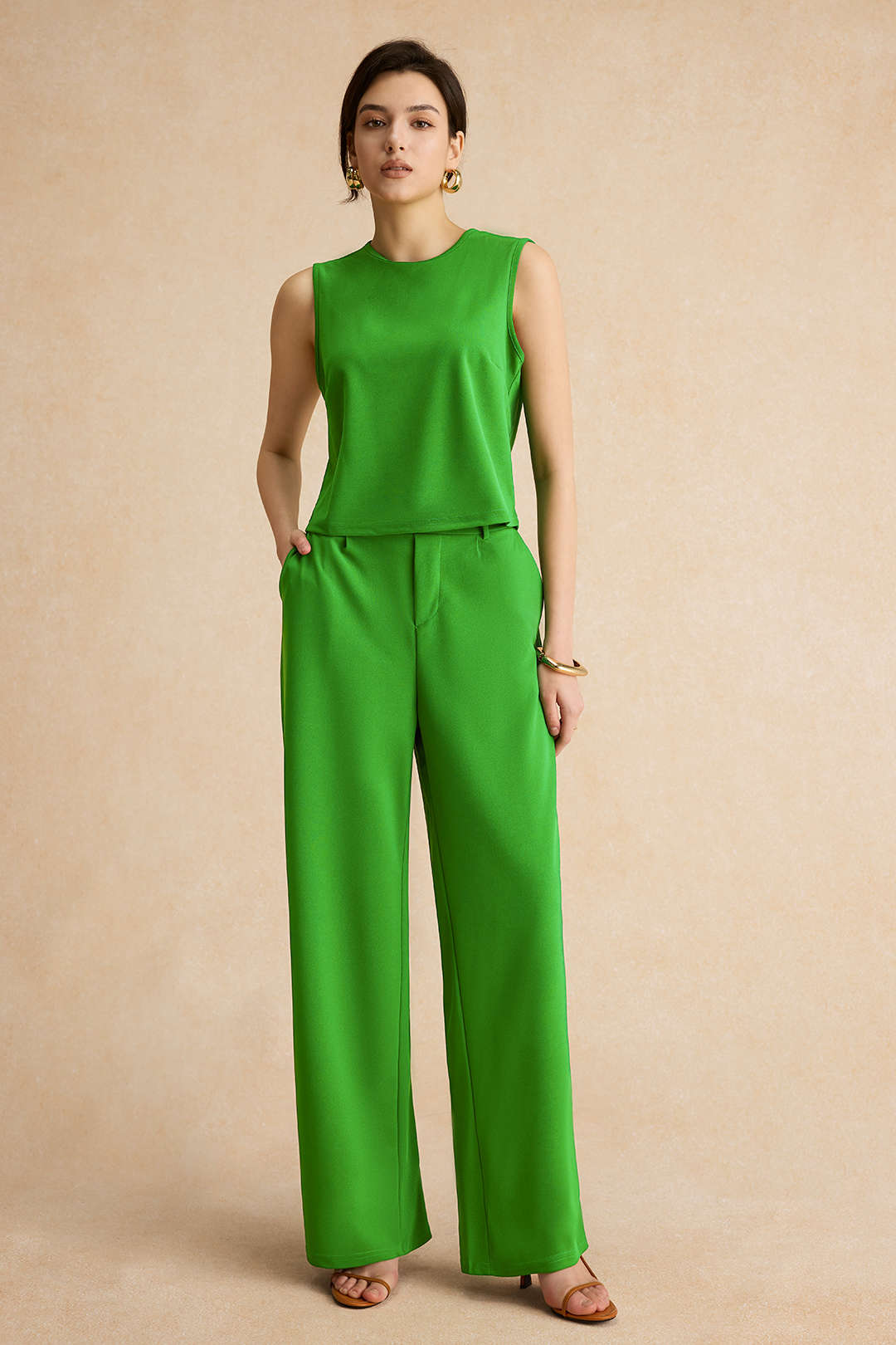 "Basic Solid Sleeveless Top And Straight Leg Pants Set"