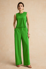"Basic Solid Sleeveless Top And Straight Leg Pants Set"
