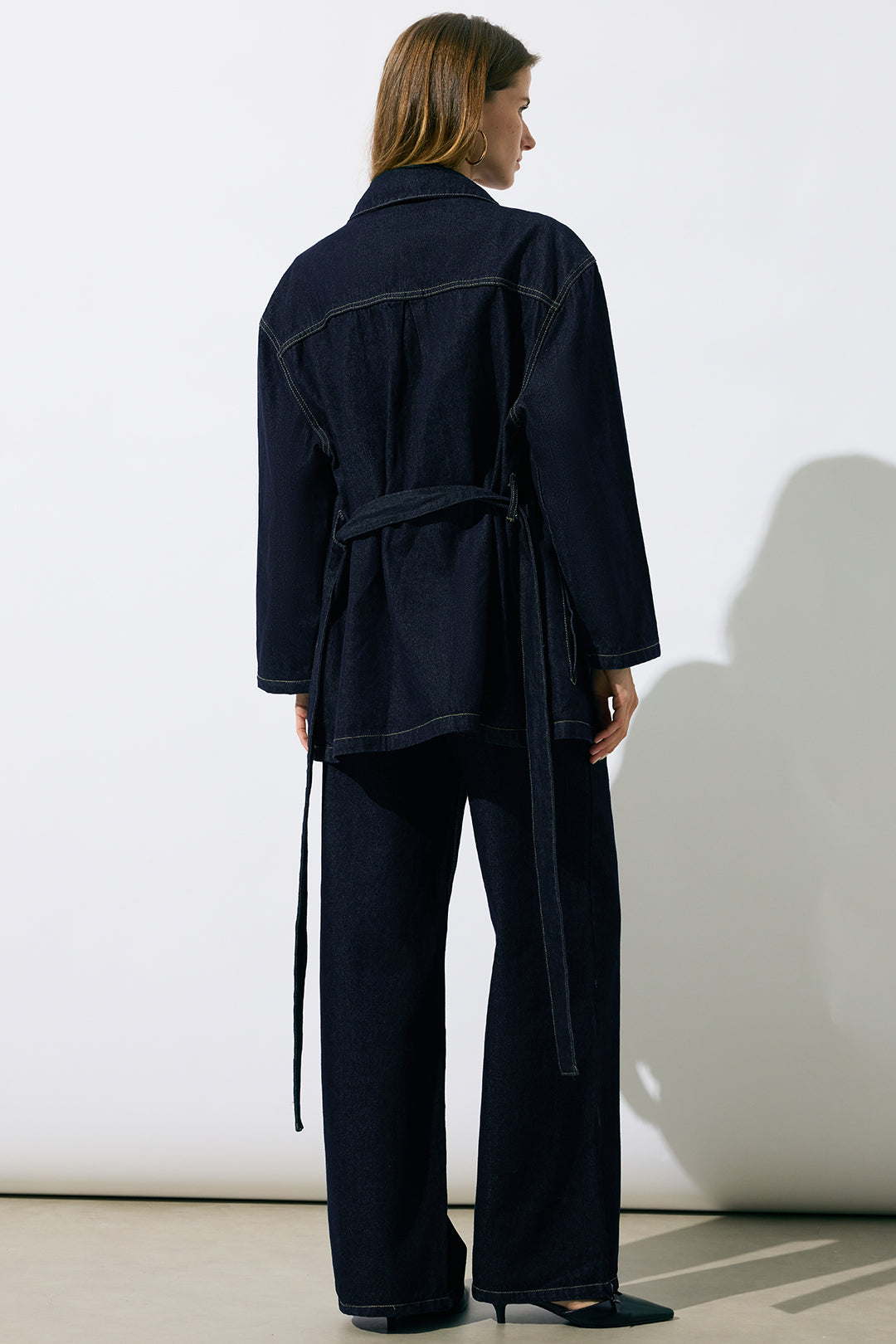 "Denim Belted Long Sleeve Shirt"