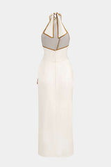 "Contrast Binding Crossed Halter Asymmetrical Tie-Up Backless Sleeveless Midi Dress"