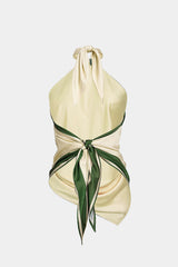 "Contrast Floral Print Satin Halter Neck Tie-Up Backless Tank Top"