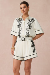 "Contrast Flower Applique Short Sleeve Shirt And Belted Shorts Set"