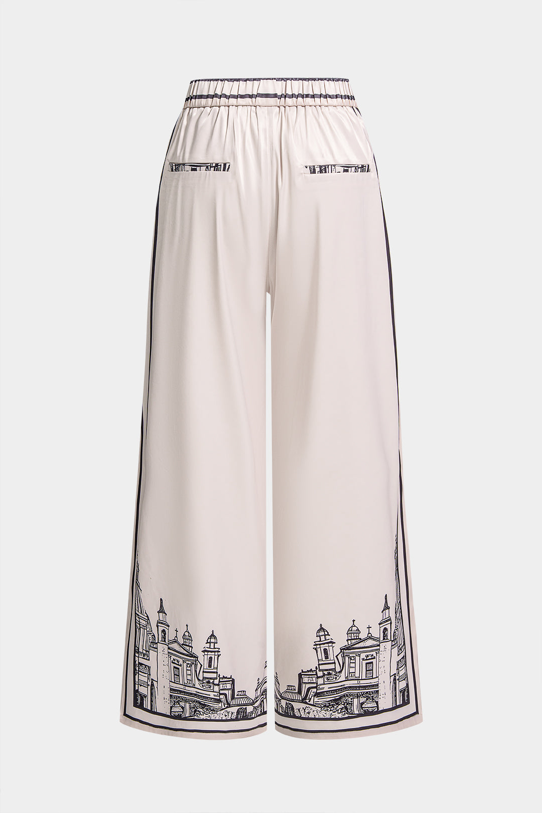"Artistic Print Satin Ruched Asymmetrical Wide Leg Pants"