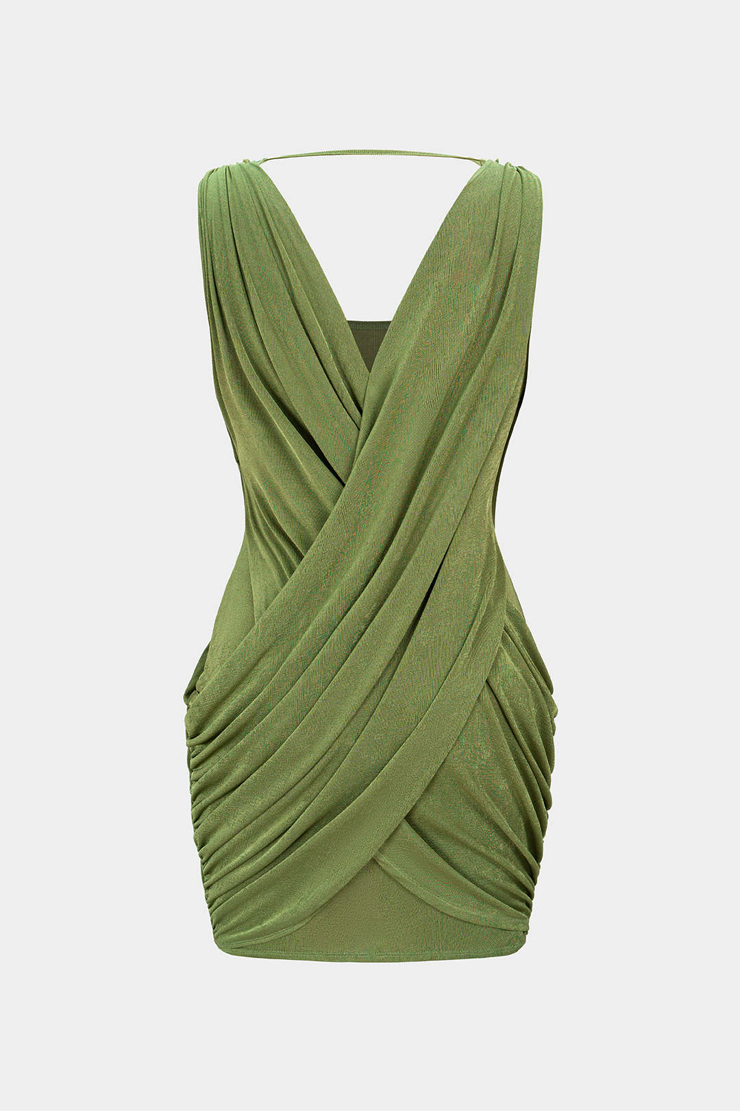 "Crossed V-Neck Ruched Metallic Decor Sleeveless Mini Dress"
