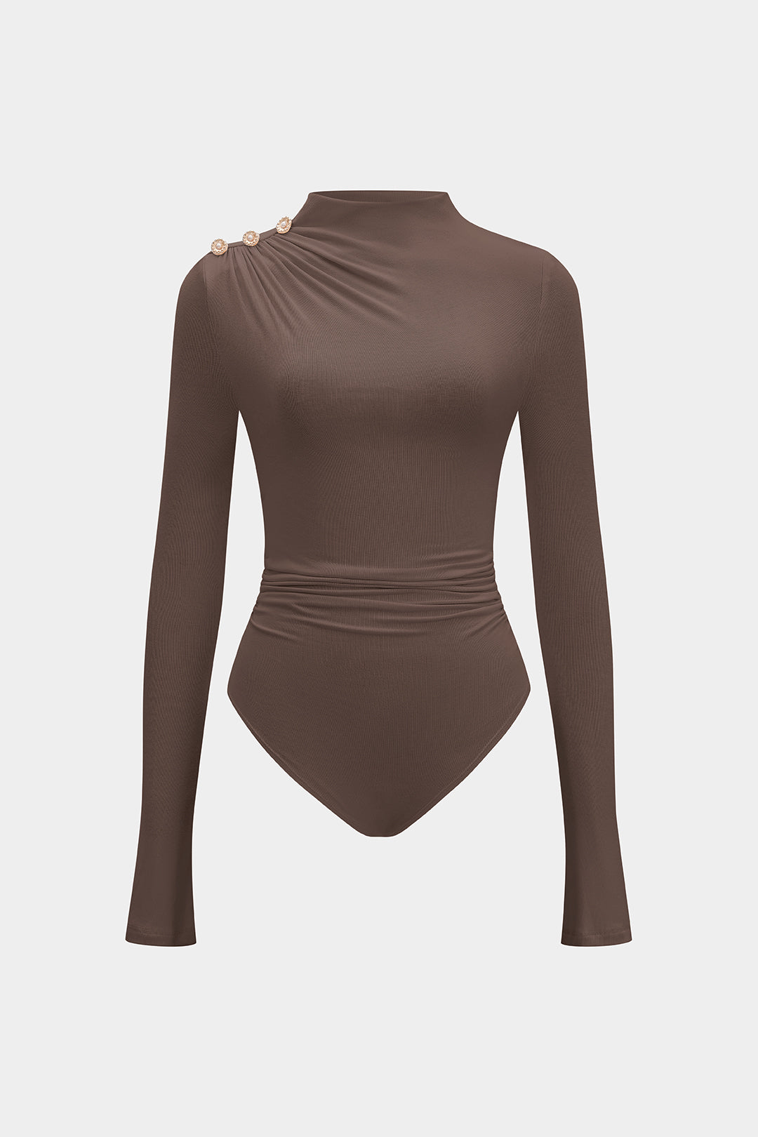 "Asymmetrical Button Ruched Long Sleeve Bodysuit"