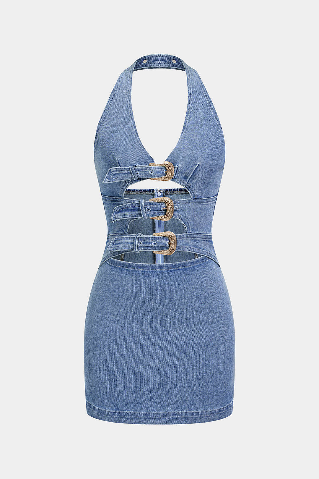 "Denim Halter V-Neck Cut Out Buckle Backless Sleeveless Dress"