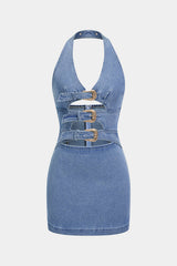 "Denim Halter V-Neck Cut Out Buckle Backless Sleeveless Dress"