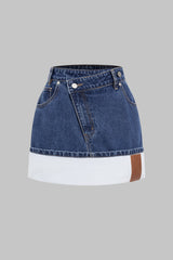 "Denim Asymmetrical Patchwork Zipper Skirt"