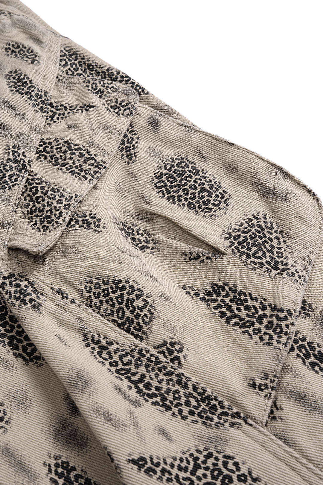 "Denim Leopard Print Pleated Zipper Wide Leg Jeans"